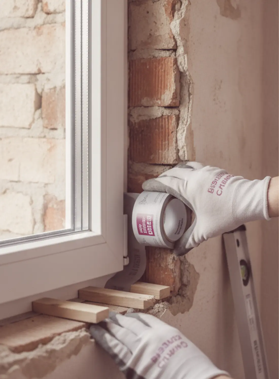 Fensterrahmen wird in der Maueröffnung mit Dichtband abgedichtet