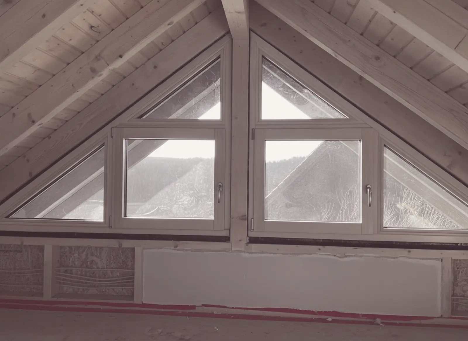 Dreiecks- und Trapezfenster von innen unter einer sichtbaren Holzdachkonstruktion